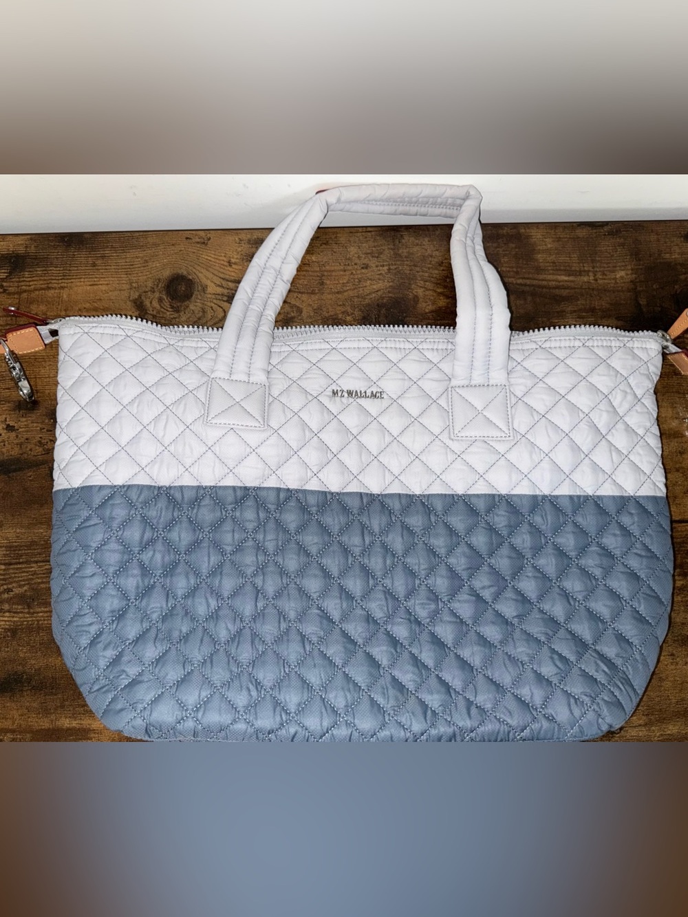 MZ Wallace Large Sutton Bag Quilted Nylon Blue Gray Tote Satchel 3 Pouches